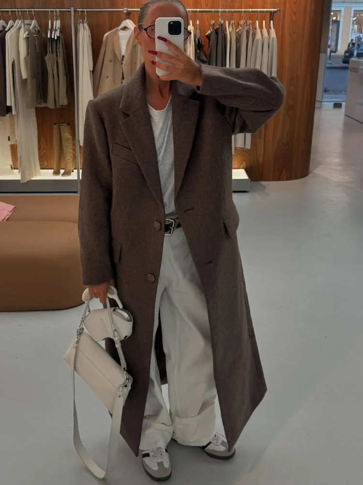 Brown Shoulder Pad Wool Blend Overcoat Women Elegant Lapel Singlebreasted Long Sleeve Coat Autumn Lady Outerwear 251017