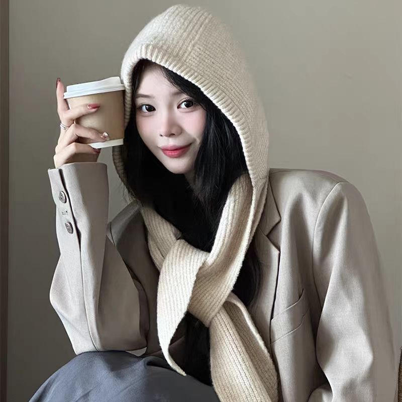 Red Balaclava for Women, Autumn Winter Warm and Scarf Combo, Hooded Neck Warmer, Trendy Knitted Hat