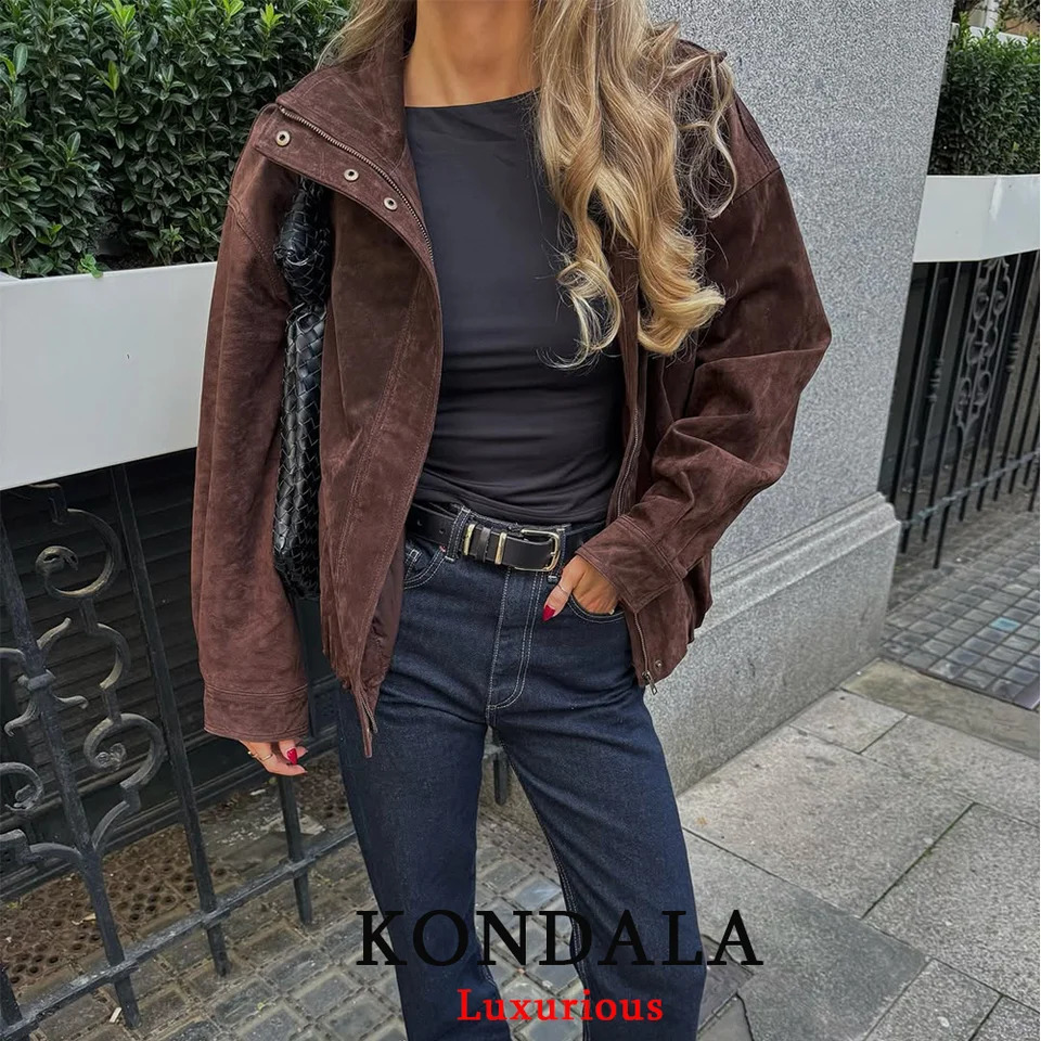 KONDALA Streetwear Suede Chic Brown Jacket Women Long Sleeve Zipper Bobmer Coats Fashion Fall Winter Casual Elegant Outwear 251020