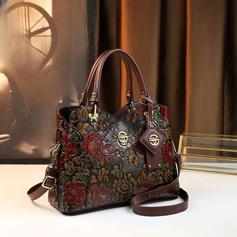 Floral Handbag For Wo, Autumn Winter New Arrival, Hand-Painted Tote With Zipper Closure, Elegant Mom Purse