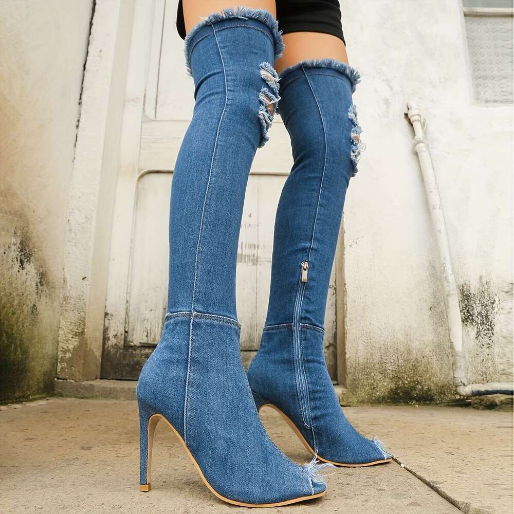 Women's Distressed Blue Over-The-Knee Fish Mouth Open Toe Stiletto Heel - Pull-On Ankle Boots With Ruched Detailing Design, Fabric Lining & PU So