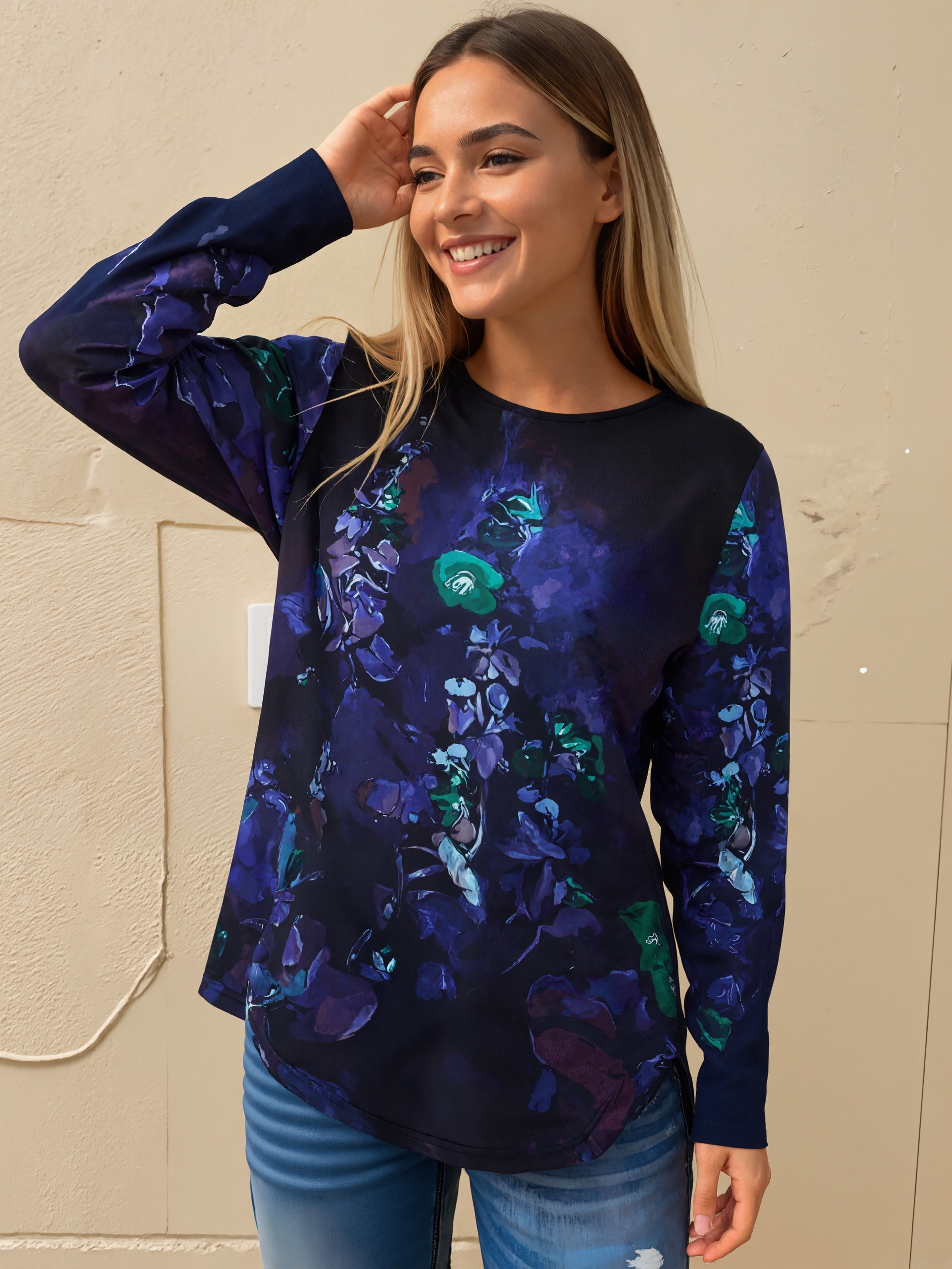Autumn Winter New Women's Floral Printed Long Sleeve T-Shirt, Milk Silk Casual Loose Top, S-XXL Mixed/Dark Green--CF41374