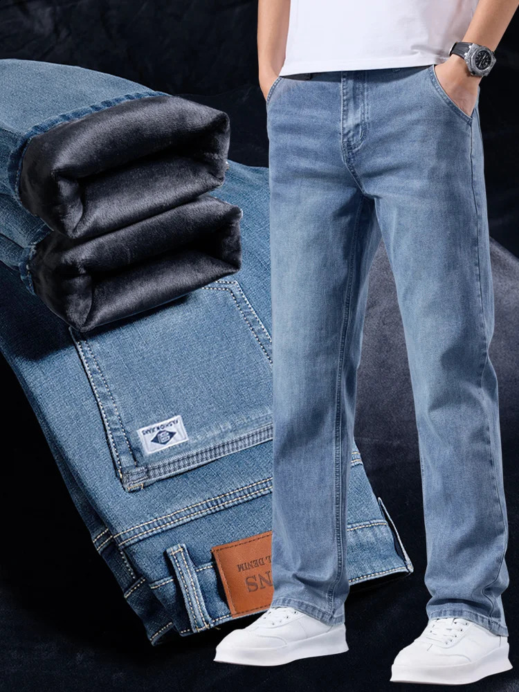 Mens Winter Warm Fleece Lined Thick Stretchable Business Casual Jeans Lightweight Trousers for Office And Daily Wear 251018