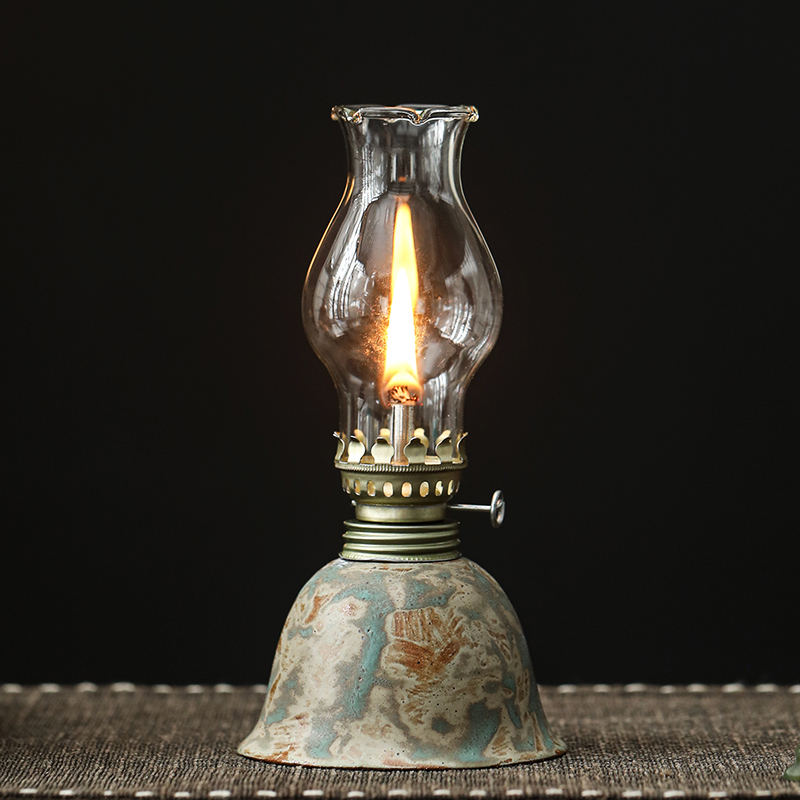 Ceramic Oil Lamp with Adjustable Wick - Vintage Hurricane Lantern for Indoor & Outdoor Use, Desk Decor, Camping Fuel Light (Kerosene Not Included), No