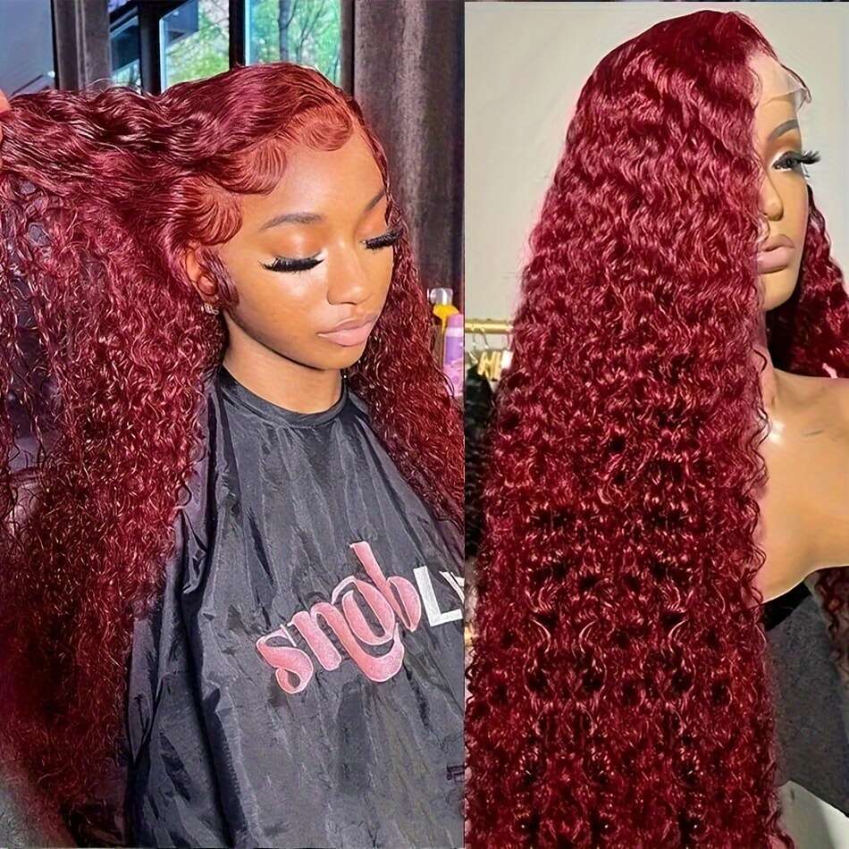Nw Yar's Spcial Offr 99j Bury 180 Dnsity Lac Front Wigs Pr Pluckd Rd Curly Human Hair Wig 13x6 HD Frontal Glulss Colord Wt And Wavy Loos Watr