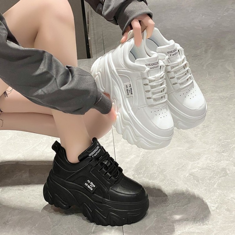 Rimocy White Black Chunky Sneakers Women Spring Autumn Thick Bottom Dad Shoes Woman Fashion PU Leather Platform Sneakers with Durable PU Leather