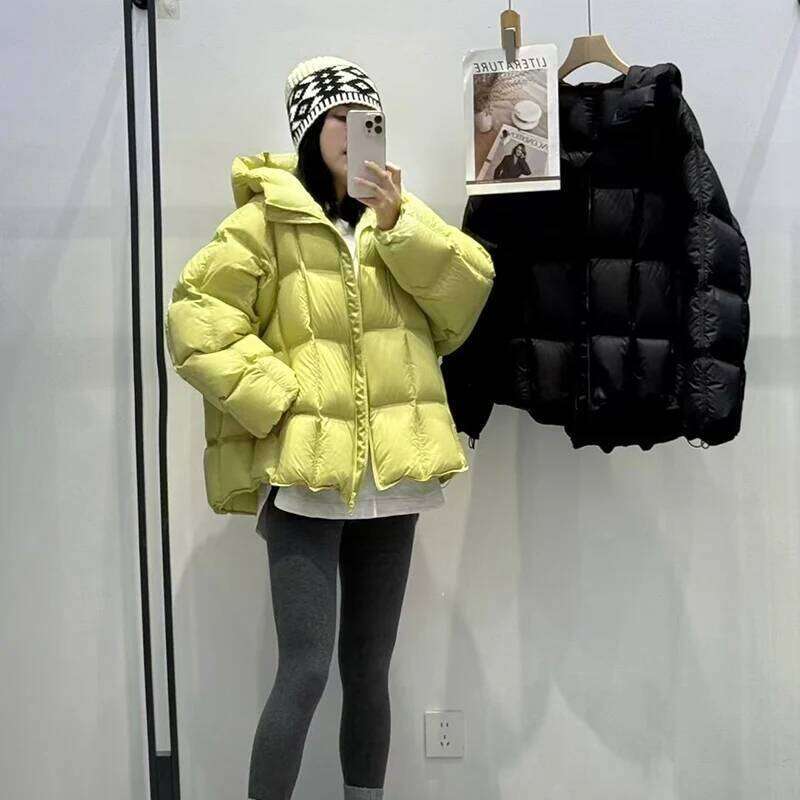 Women Light White Down Jacket With Hood Loose Over Size Casual Autumn Winter Outwear Square Warm Short Coat 2025 New Womens Coat