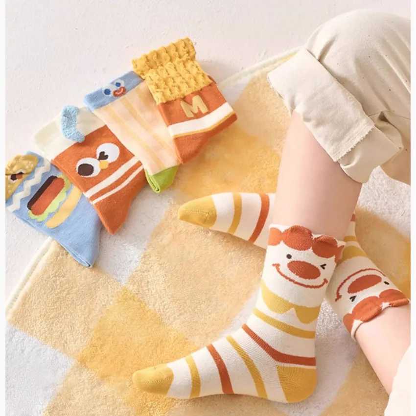5Pairs Girls Sweet MidCalf Socks Spring Autumn Style Boys Breathable Cute Winter Socks with Fries Pattern Design for Kids J251024