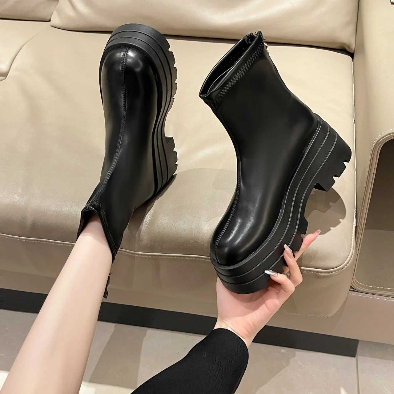 PU Leather Chunky Platform Ankle Boots 2024 Women Back Zipper Thick Heeled Short Boots Woman Black Punk Boots Ladies D113 W251024