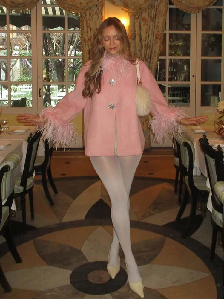 Elegant Feather Women Coat Loose Long Sleeve Lapel Thicken Single Breasted Female Jacket Autumn Winter Lady Streetweat 251022