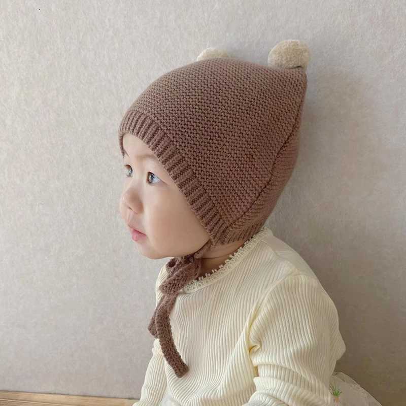 Pompom Baby Beanie Infant Autumn Winter Warm Crochet Bonnet Toddler Ear Protection Pullover Cap Children Solid Color Knitted HatL251024