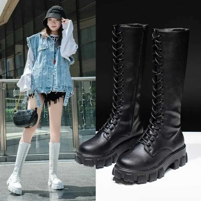 Womens Mid Calf Boots Padded Shoes Knee High Winter Sneakers Punk Style Military Casual White Black 2024 Lucury Platform Woman W251024