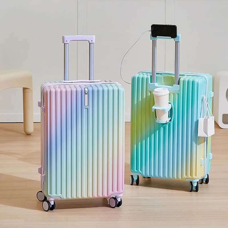 Aluminum Frame Luggage for Men and Women New Gradient Color Suitcase 2028 Inch with USB Cup Holder PC Material Trolley CaseW251024