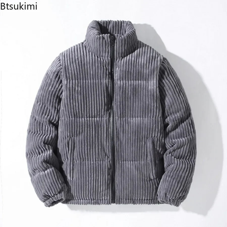 Mens Corduroy Parkas Thicken Warm Cottonpadded Jackets Fashion Stand Collar Solid Zipper Casual Coats Man Winter Outerwear 251020