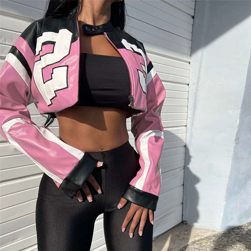 Summer Women S New Fashion Motorcycle Color Block Embroidery Patchwork Slim Faux Leather Jacket Coat