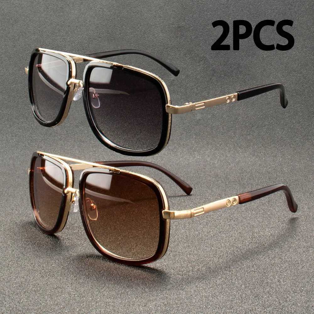 2PCS Fashion Big Frame Sunglasses Men Square Metal Sun Glasses Women Retro Sun Glasses Vintage High Quality Gafas Oculos De SolT251024