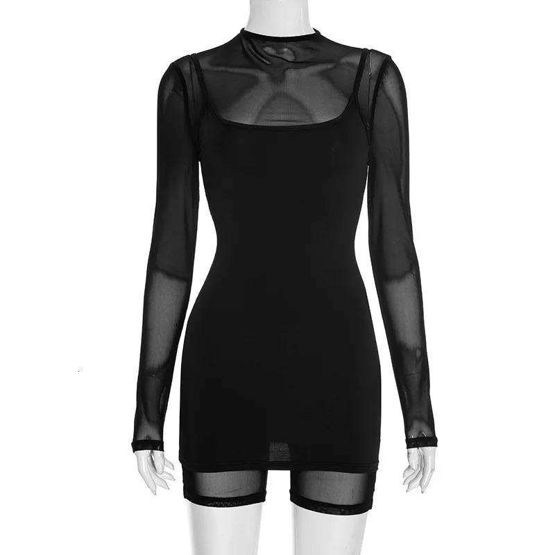 Mesh See through Sleeveless Playsuit Women Y2K Mini Bodycon Dress Two Piece Matching Set Autumn Winter Sexy Party Club Outfits 251016