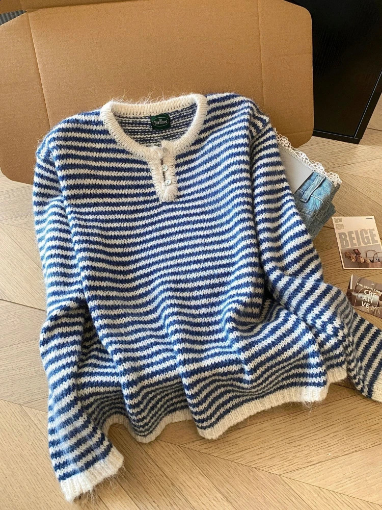 Womens Sweater Oneck Long Sleeved Red Striped Y2K Elegant Aesthetics Fashion Warm Top Autumn Winter Pullover Casual Sweater 251023