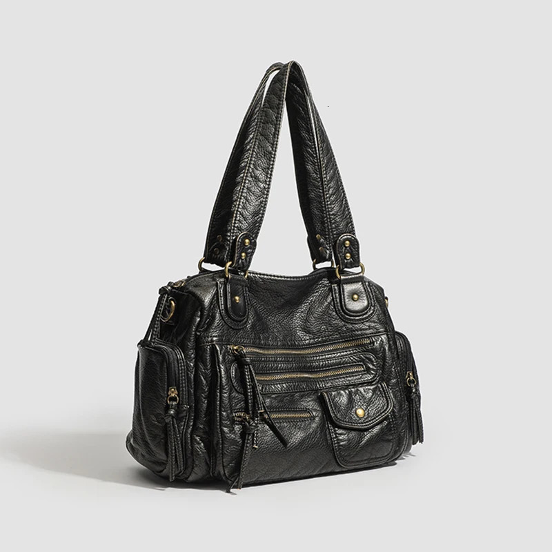 HAEX Womens Punk Biker Tote Bag Large Capacity PU Leather Crossbody Purse with Multi Pockets for Work Commute Moto Style 251023