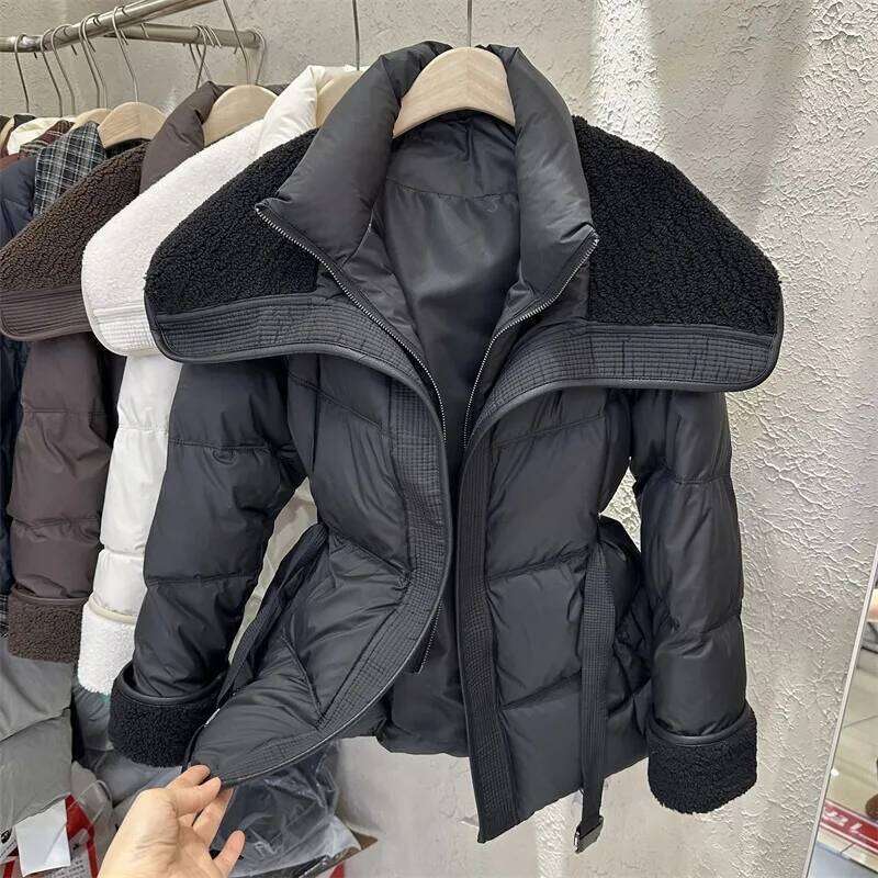 Lamb Wool Spliced Cotton Jacket With Belt Women's Autumn Winter Stand Collar Thick Short Outwear 2025 New Long Sleeved Warm Coat