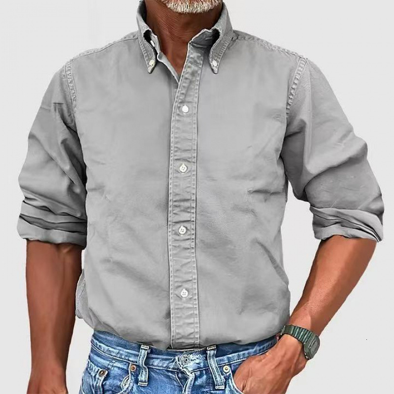 American Retro Anti-Wrinkle, Durable Autumn Winter New Men's Business Casual Urban Versatile Shirt Turn-Down Collar Button Solid Color Shirt for 