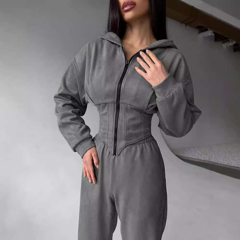 Wind Autumn Winter Women's Solid Color Waist Hoodie Sweatshirt Sports Casual Pants Two-Piece Set for Women