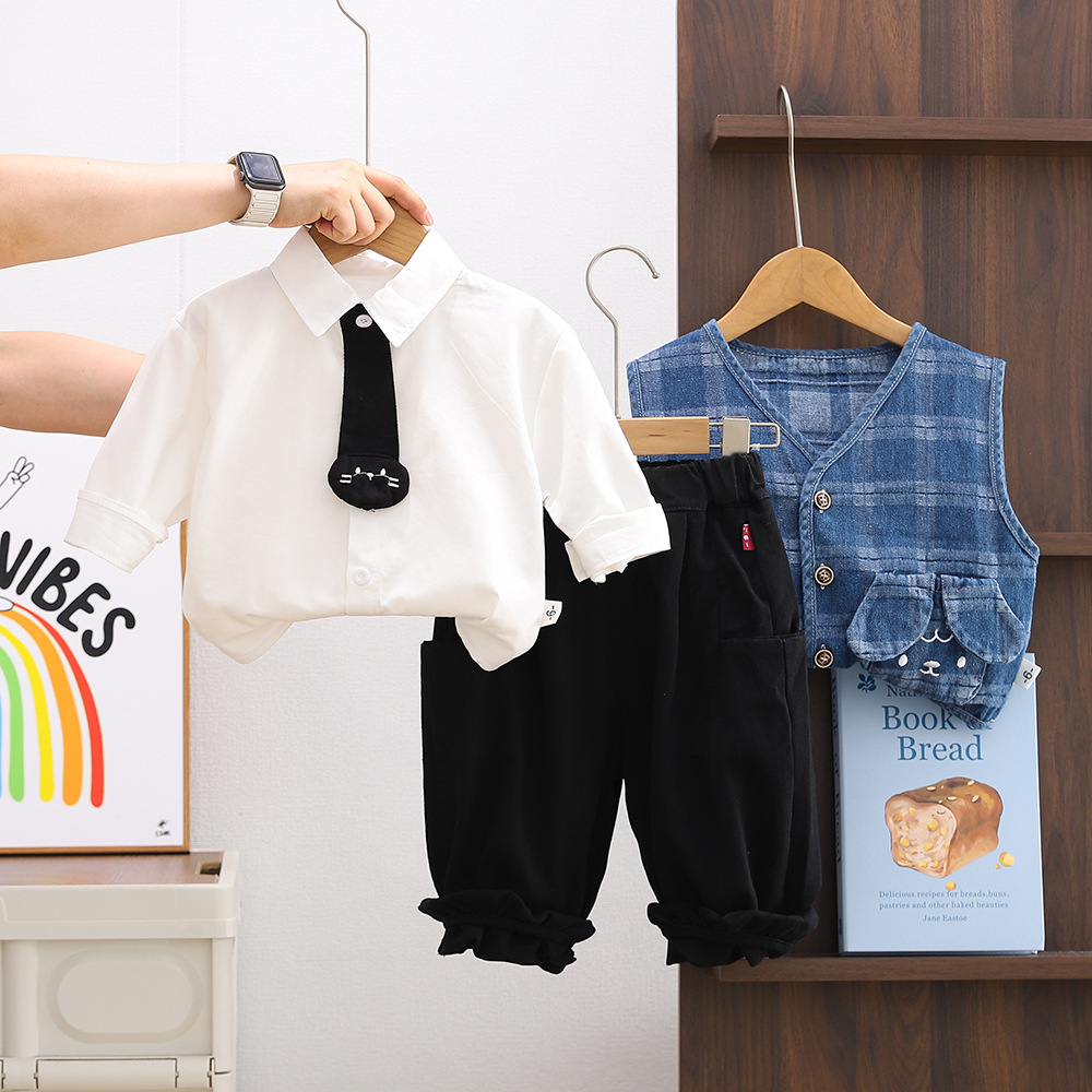 Toddler Boys 3-Piece Outfit, Plaid and Denim Vest Set with Tie for Spring & Autumn