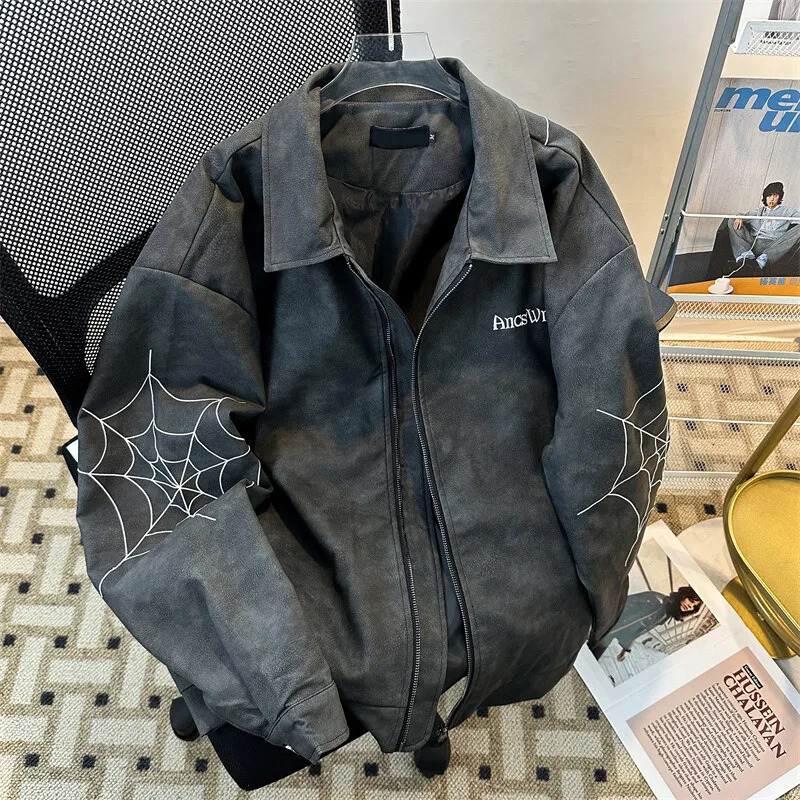 Europe United States high Street Spider Embroidery PU Leather Jacket Mens Wash to do Fashion Trend Coat 251016
