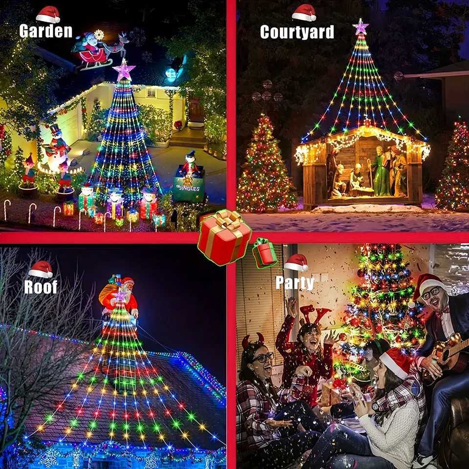 1PC Fivepointed Star Waterfall Lights USBSolar Powered Christmas String Lights for Christmas Party Halloween Home Decor C251024