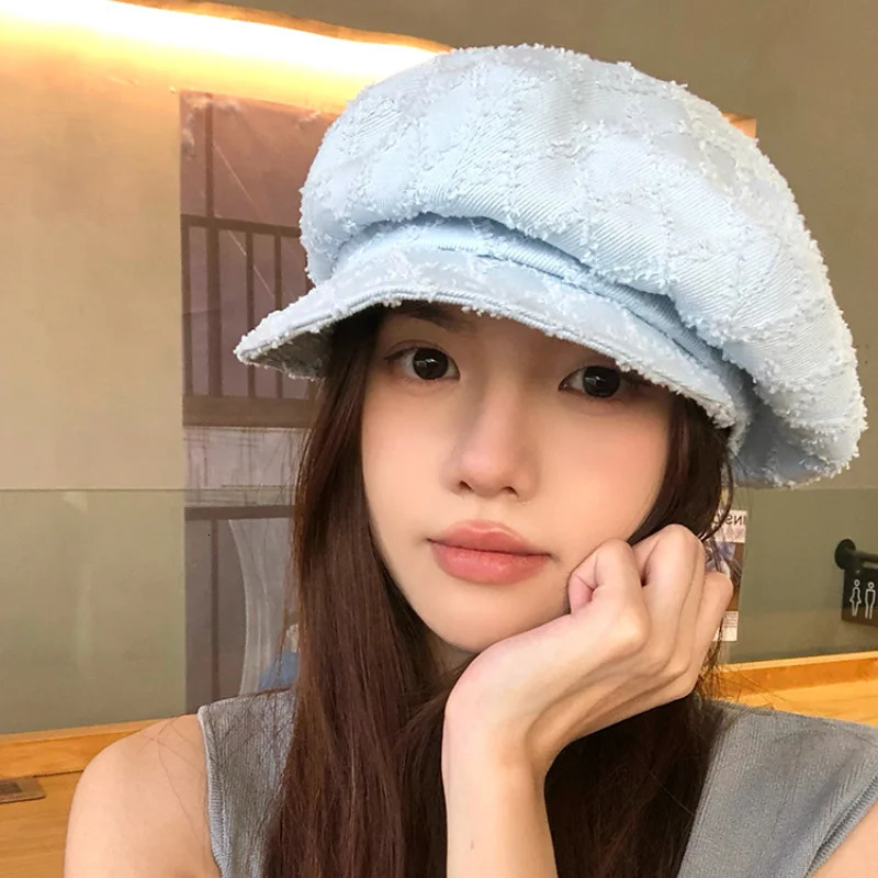 Korean Niche Solid Color Berets Caps for Women Summer and Autumn Rough Edge Plaid Versatile Retro Octagonal Hats 251023