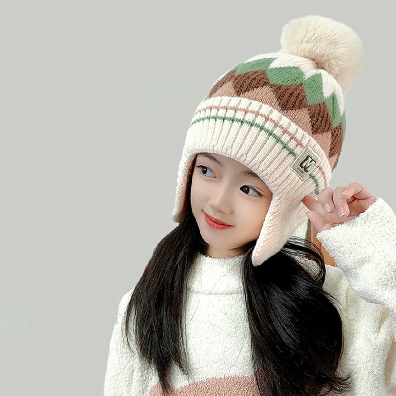 Fluffy Plush Ball Children Knit Hat Winter Warm Kids Ear Protection Hats Velvet Lining Baby Earmuffs Cap Pompom Beanie 210YearL251024