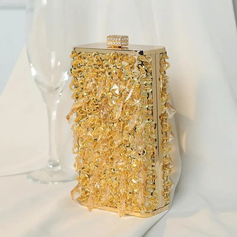Diamonds Beaded Evening Bag Lady Glass Rhinestones Party Gold Purse Mini Square Tassel Bags er Womens Handbag 251023