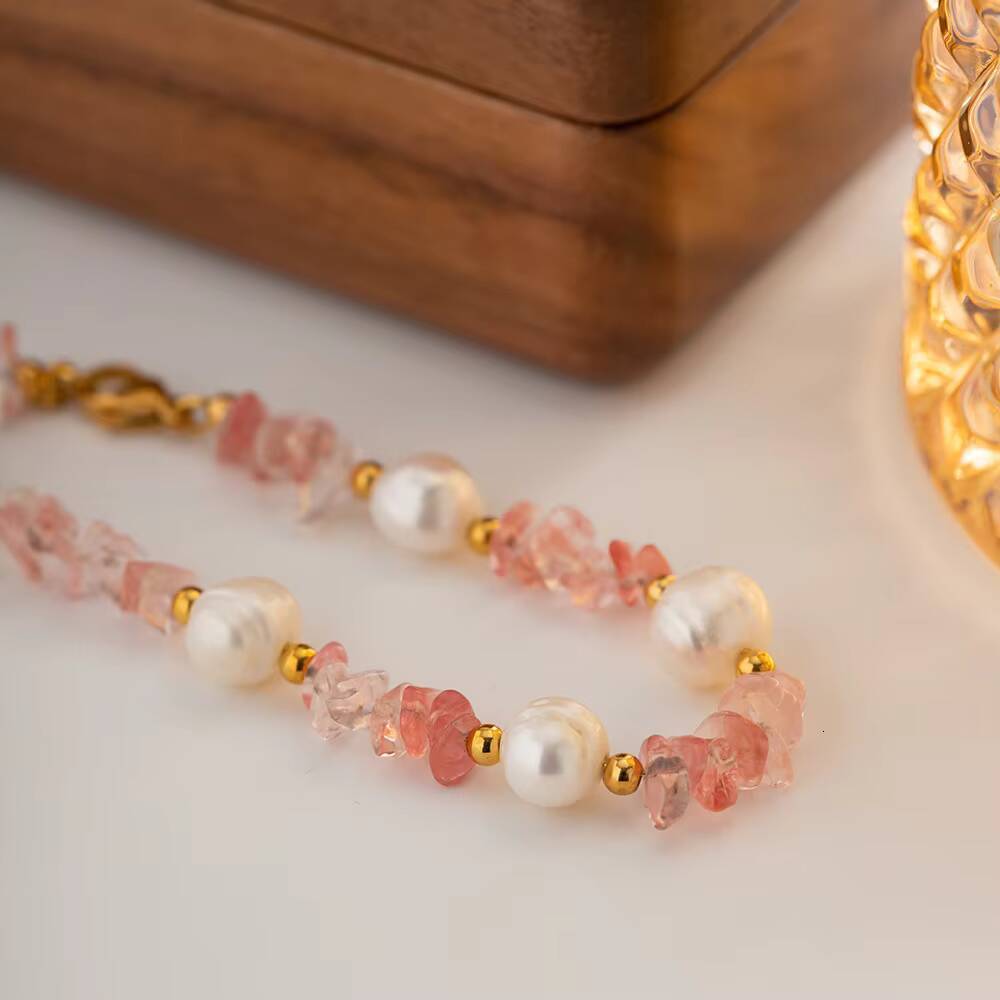 High Quality Vintage Necklace Natural Pink Gravel Freshwater Pearl 18k Gold Stainless Steel Bracelet