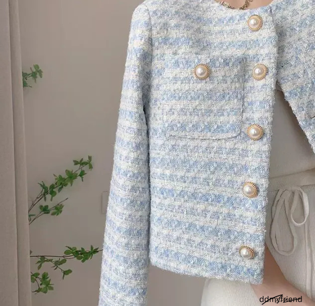 Cropped Cardigan: Elegant Single-Breasted Autumn/Winter Pearl Button Long Sleeve Outwear Top - Perfect For Chic Style, Ladies Blue Tweed Jacket Ddmyfr