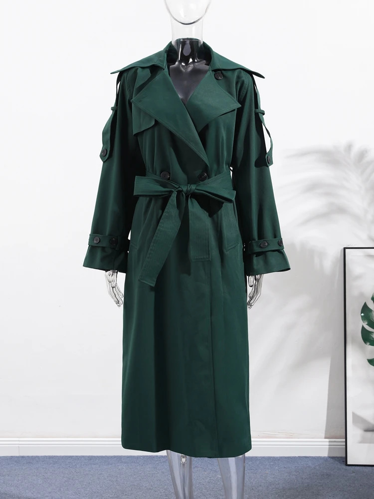 Lace Up Windbreaker Outwear Lapel Belt Long Coats Vintage Causal Jackets Autumn High Street Tops Oversize Chic Clothes 251021