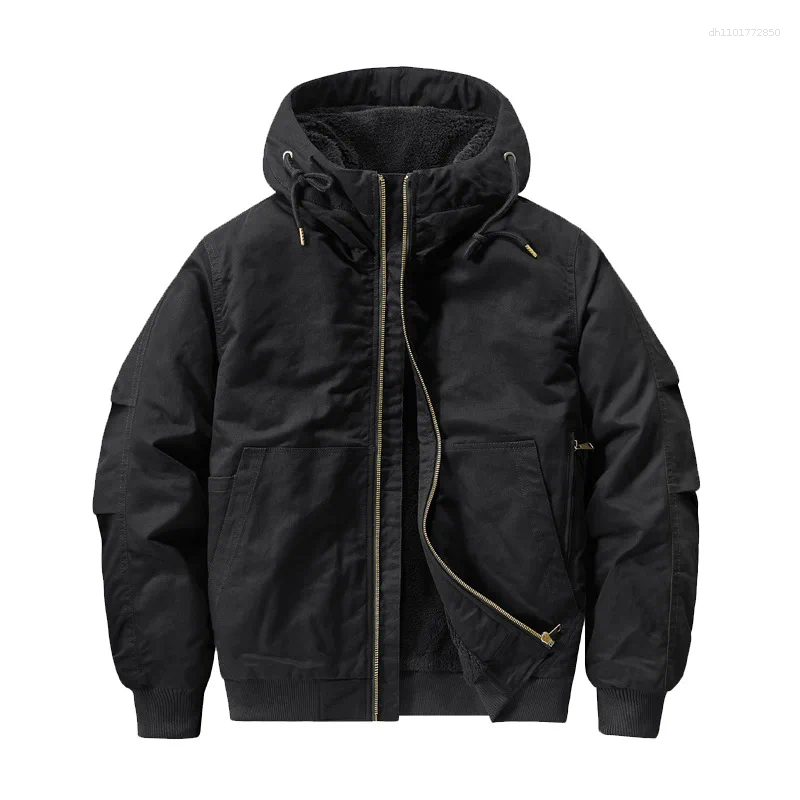Men's Jackets Mens Thickened Cotton Jacket Winter Warm Velvet Lined Workwear Flight Short Hooded Plus Size Casual Outerwear For Men
