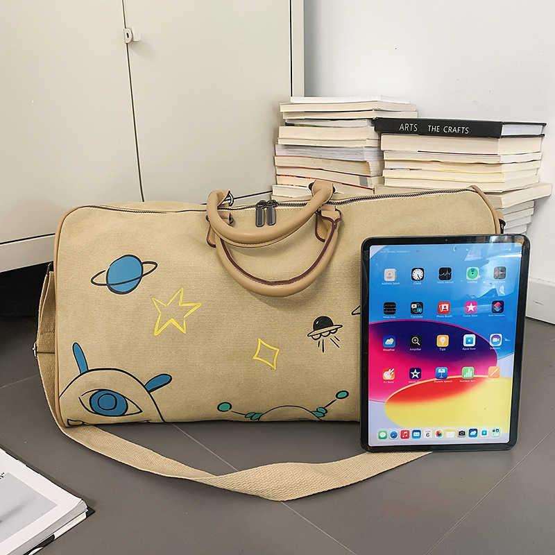 Korean Style Fashion Large Capacity Canvas Travel Bag Cartoon Graffiti Business Trip Short Distance Couple Shoulder Bag Gym Bag