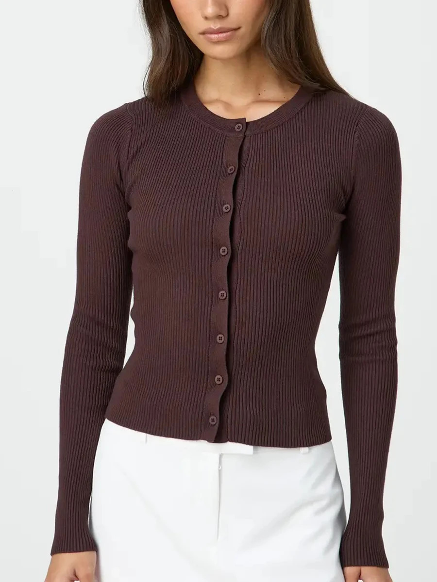 Womens Ribbed Cardigan Tops Spring Fall Solid Color Long Sleeve Round Neck Button Up Cropped Sweaters Female Casual Pullovers 251013