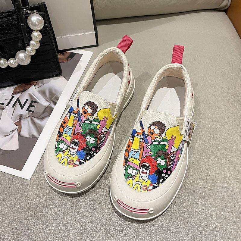 Hand-painted Stylish Canvas Shoes for Women, Loafers, Open Smile Thick-soled Slip-on Shoes, Graffiti Sports Casual Sneakers
