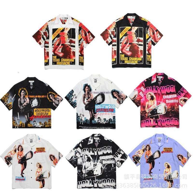 Trendy Street Style Chainsaw Man Pattern Print Unisex Cuban Collar Hawaiian Short Sleeve Shirt
