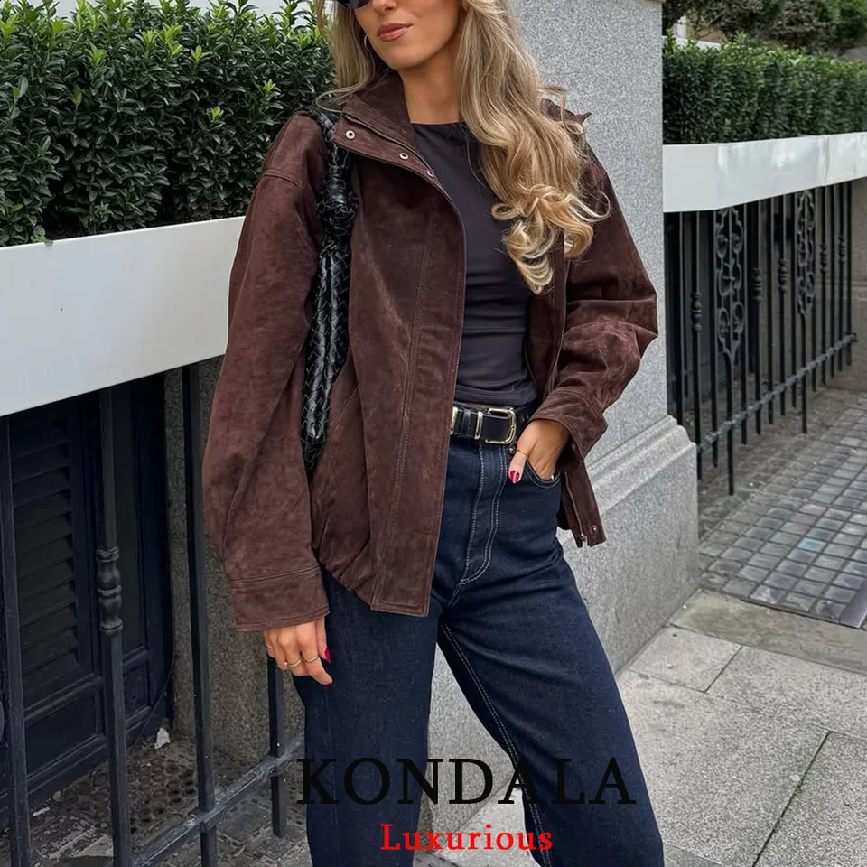 KONDALA Streetwear Suede Chic Brown Jacket Women Long Sleeve Zipper Bobmer Coats Fashion Fall Winter Casual Elegant Outwear 251020