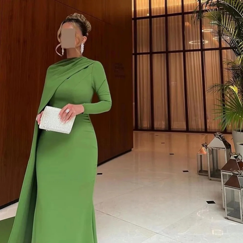 Ruched Women Prom Dress Customized Long Sleeve Party Gown Charming Mermaid Green Party Dress Women Evening Gown 251023