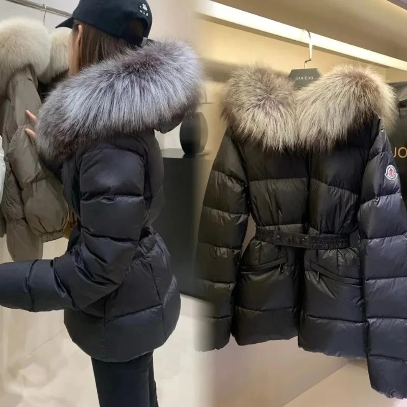 Womens Models Fall Winter Tops Coat Down Jacket Hooded Waisted Fox Fur Collar White Duck Down Innerwear Round Collar Warm Soft 251024