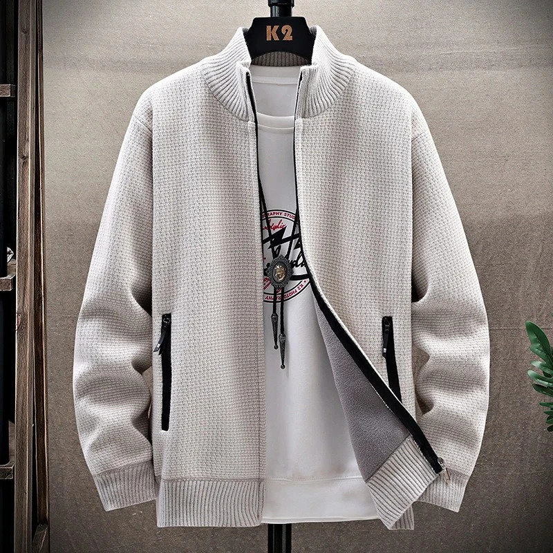 Mens Winter Cardigans Thick Fleece Warm Cardigan Sweaters Casual Stand Collar Full Zip Pockets Solid Knitwear 251015