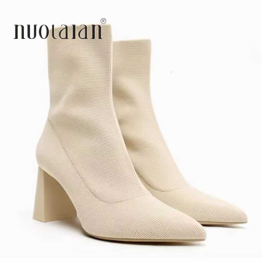 2025 Autumn Winter Knitted Stretch Fabric Socks Boots Women Low Heel Short Boots Pointed Toe Female Ankle Booties Size 42 W251024