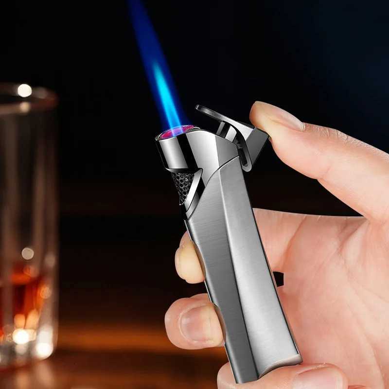 New Streamlined Long Windproof Lighter Compact Metal Brushed Inflatable Straight Jet Cigarette Lighter Smoking Accessories D251024