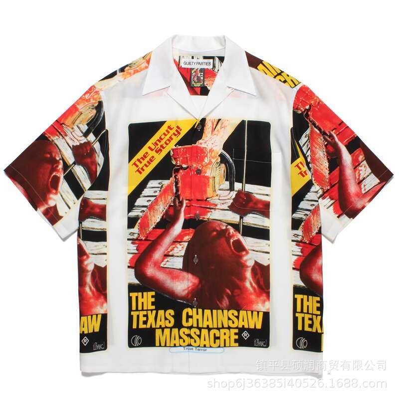 Trendy Street Style Chainsaw Man Pattern Print Unisex Cuban Collar Hawaiian Short Sleeve Shirt