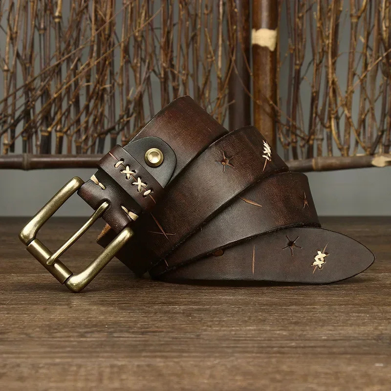 38CM Men High Quality Genuine Leather Belt Brass Pin Buckle Belts Pure Cowskin Vintage Strap Male Jeans for Man 251013