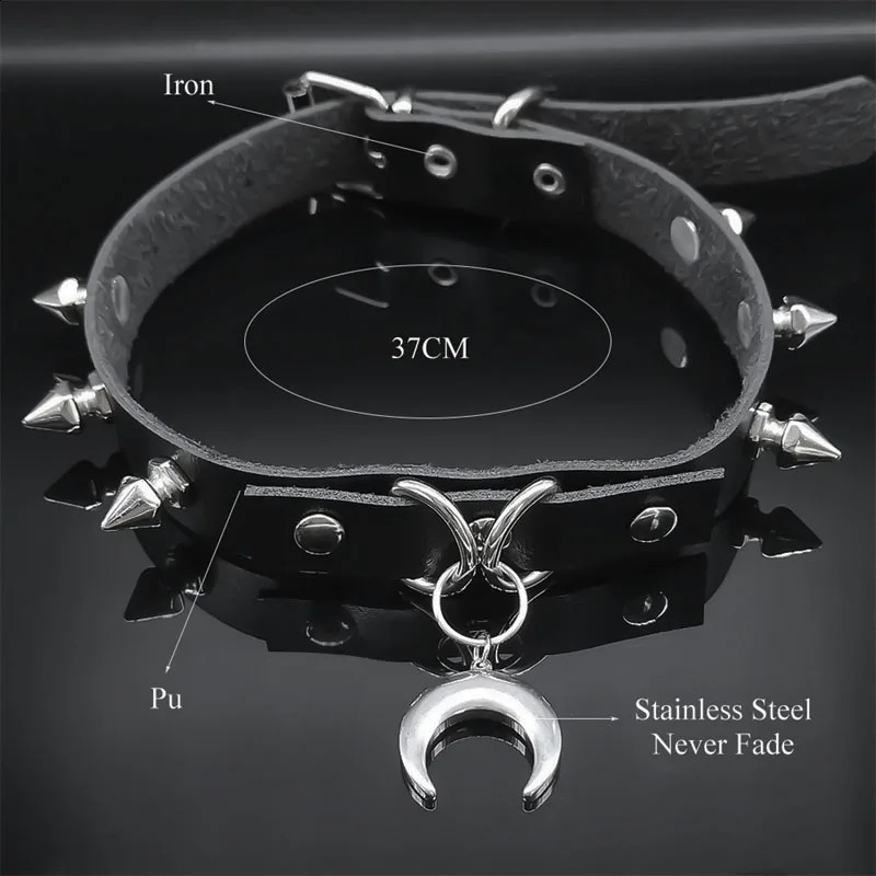 Punk Crescent Moon Harajuku Choker Goth Rivet Necklace Stainless Steel Pendant Pu Leather Chain Gothic Black Necklace Jewelry 251023