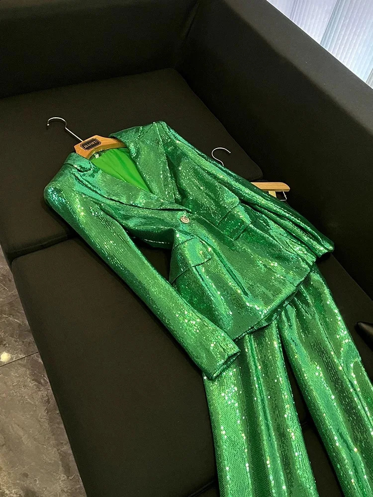 High Quality Green Shiny Sequin Pantsuits Blazer Straight Pants Set Party Evening Offic Work Wear Sequin Pants Set Outfits 251023